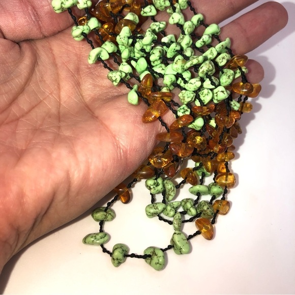 Vtg Sterling Amber Turquoise Pale Green Stone Multi Strand Knotted Silk 18” - Picture 7 of 8